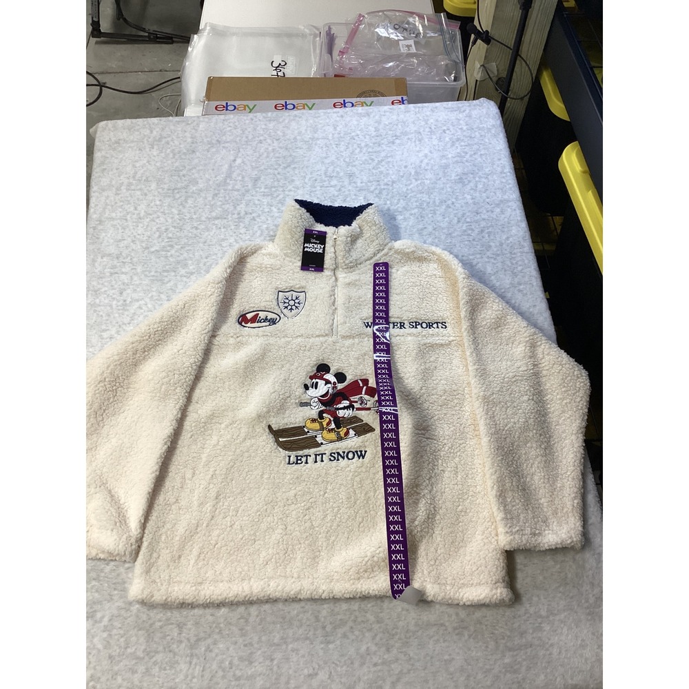 Disney Mickey Mouse Winter Sports Sherpa Fleece Half Zip‎ Pullover Off White XXL